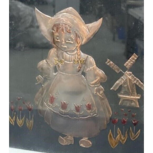 VTG Copper Raised Relief Art Pressed Dutch Girl And Windmill Plaque Framed 16x18 - Picture 3 of 5